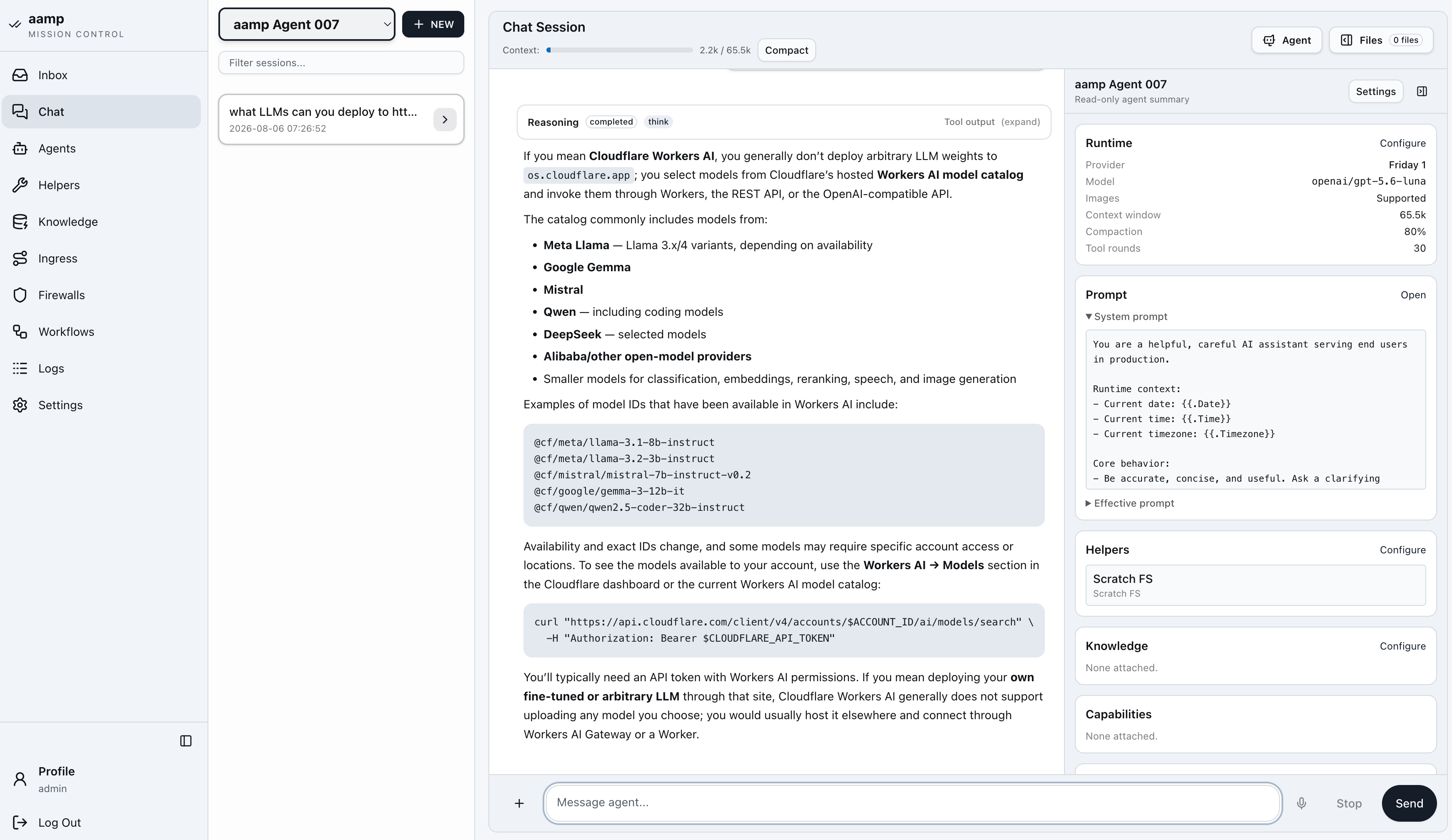 An aamp chat session with reasoning trace, tool output, and the read-only agent summary showing runtime, prompt, helpers and knowledge