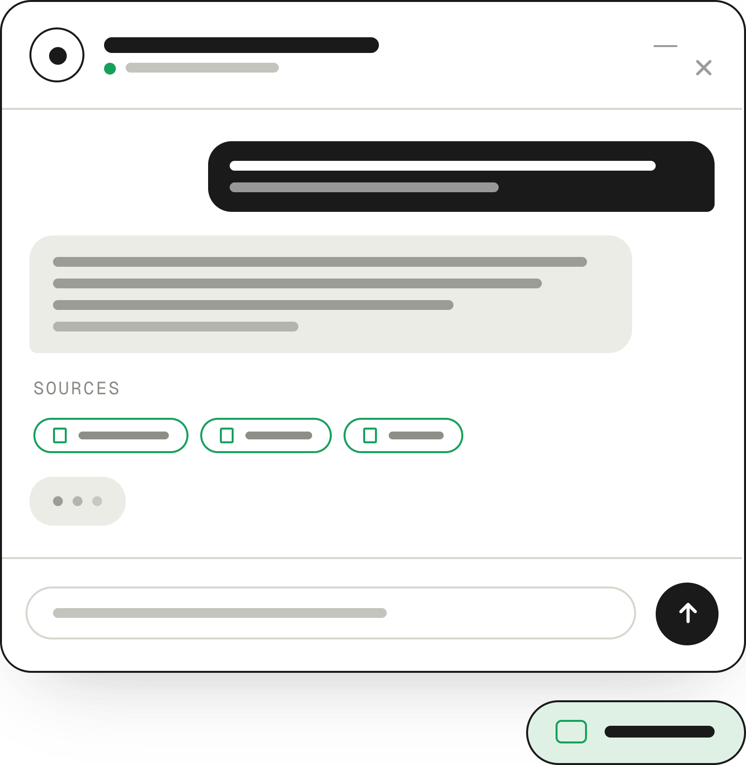 Chatbot widget pop-up showing a user question, a cited answer, source chips and a typing indicator