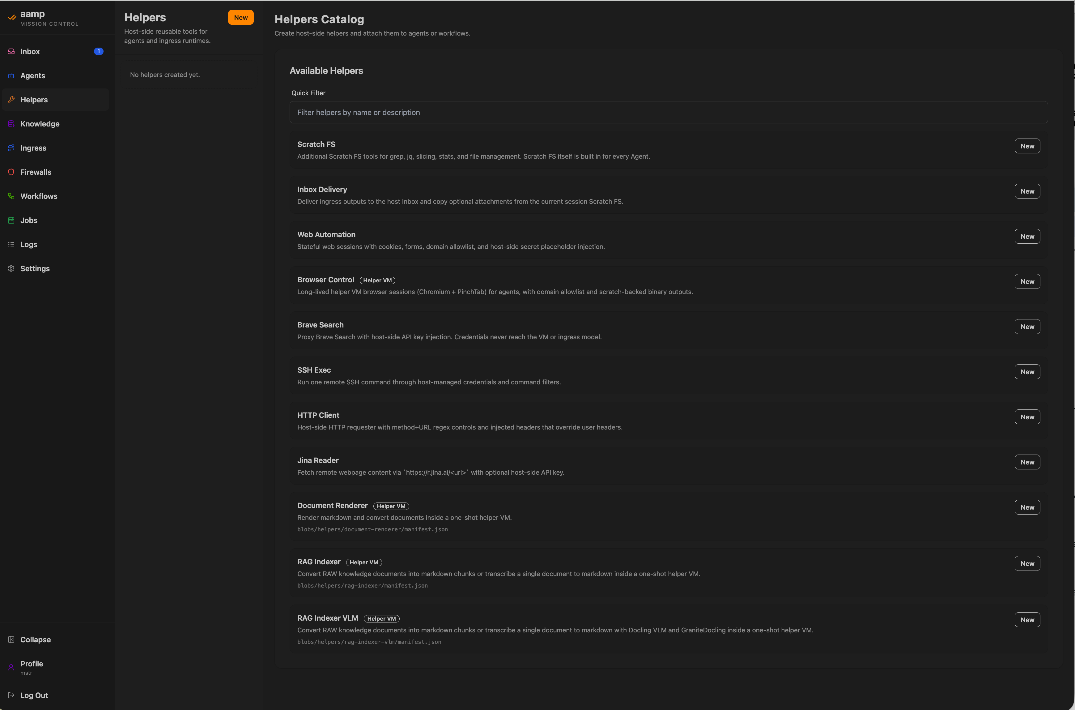 The aamp operator console — agents, ingress, helpers, knowledge, workflows, firewalls, jobs and logs in one navigation