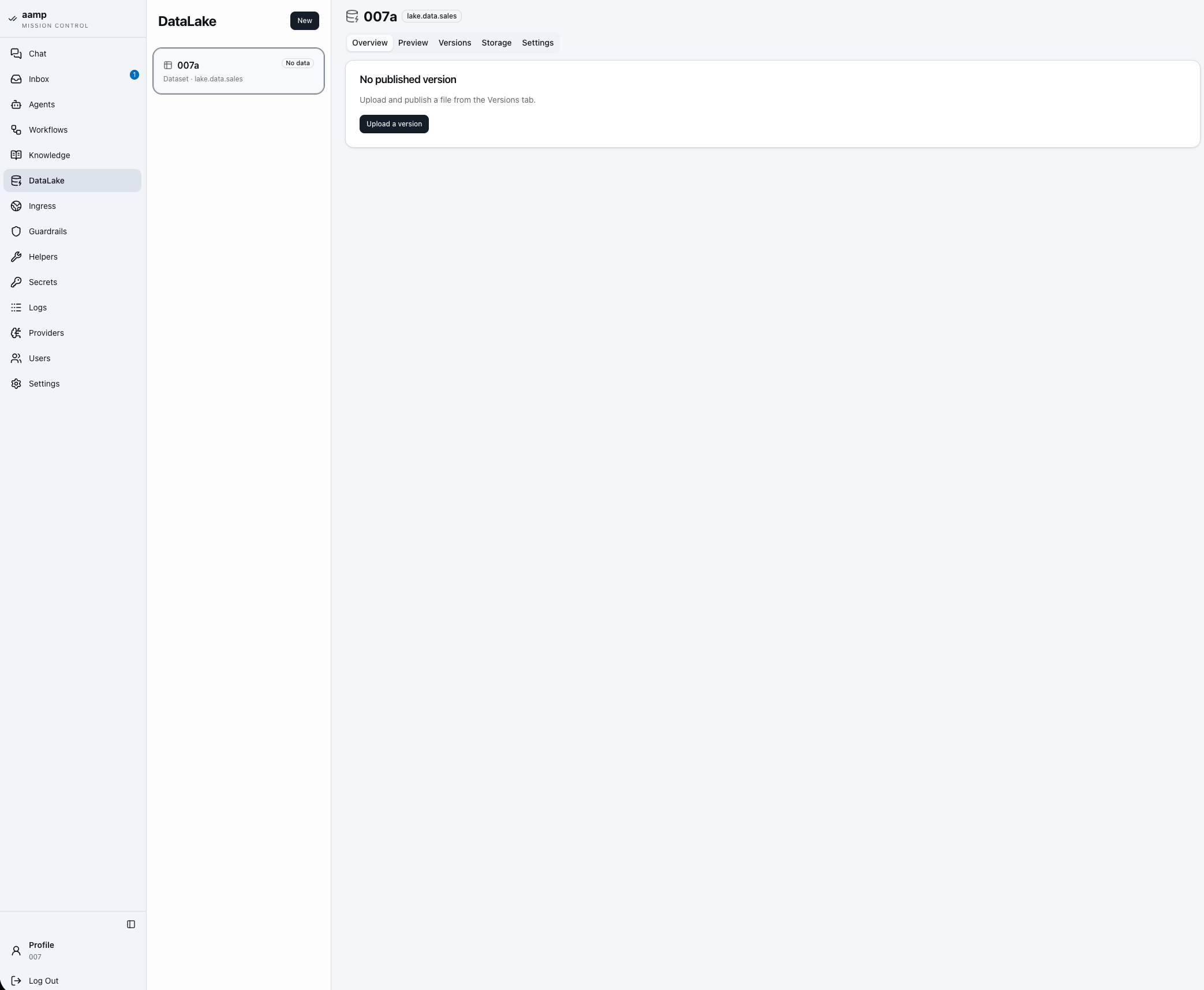 A DataLake dataset in aamp with Overview, Preview, Versions, Storage and Settings tabs, showing an unpublished version awaiting upload