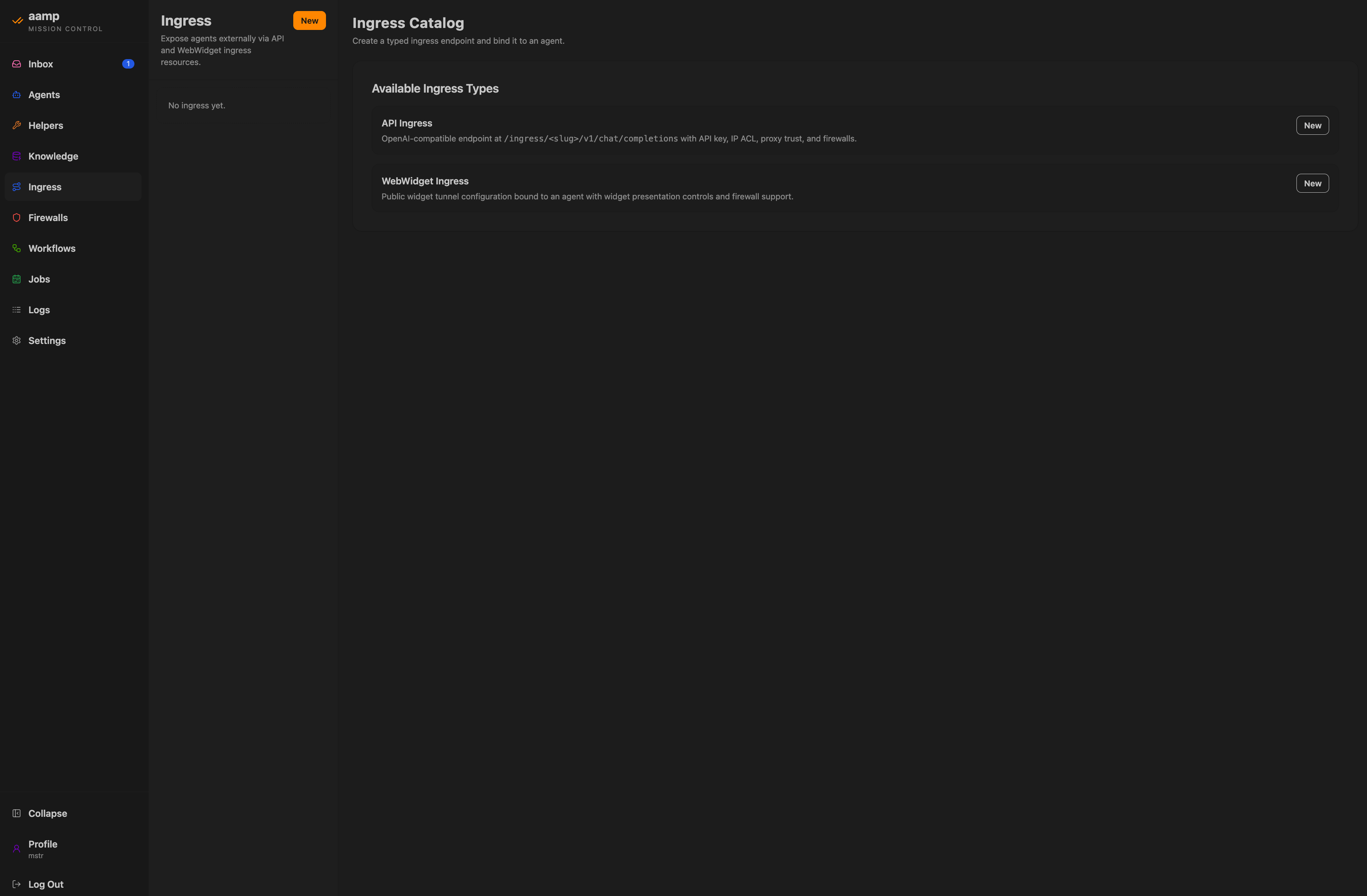 The ingress catalogue showing API and WebWidget ingress types