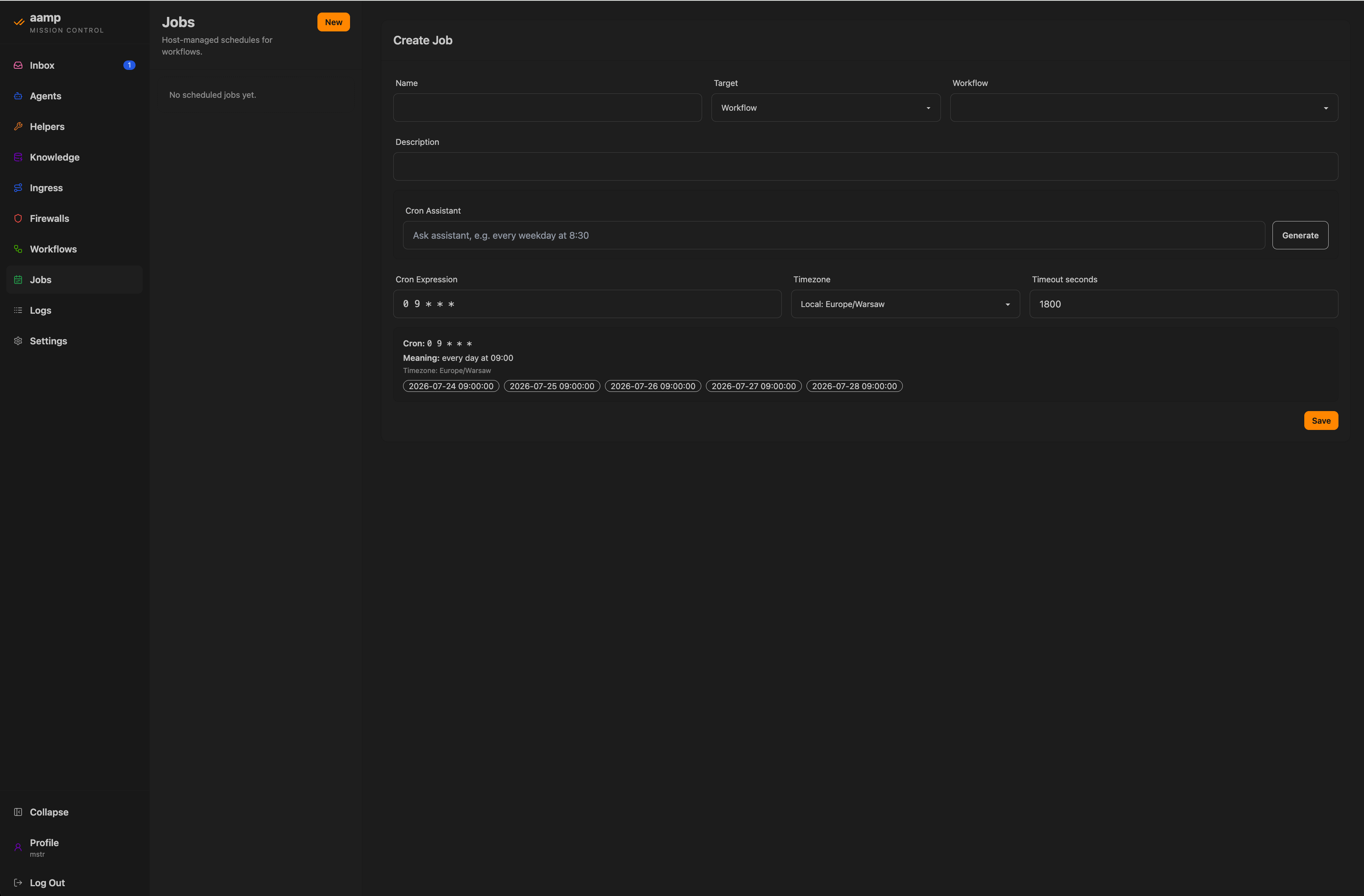 The Create Job form with a cron schedule