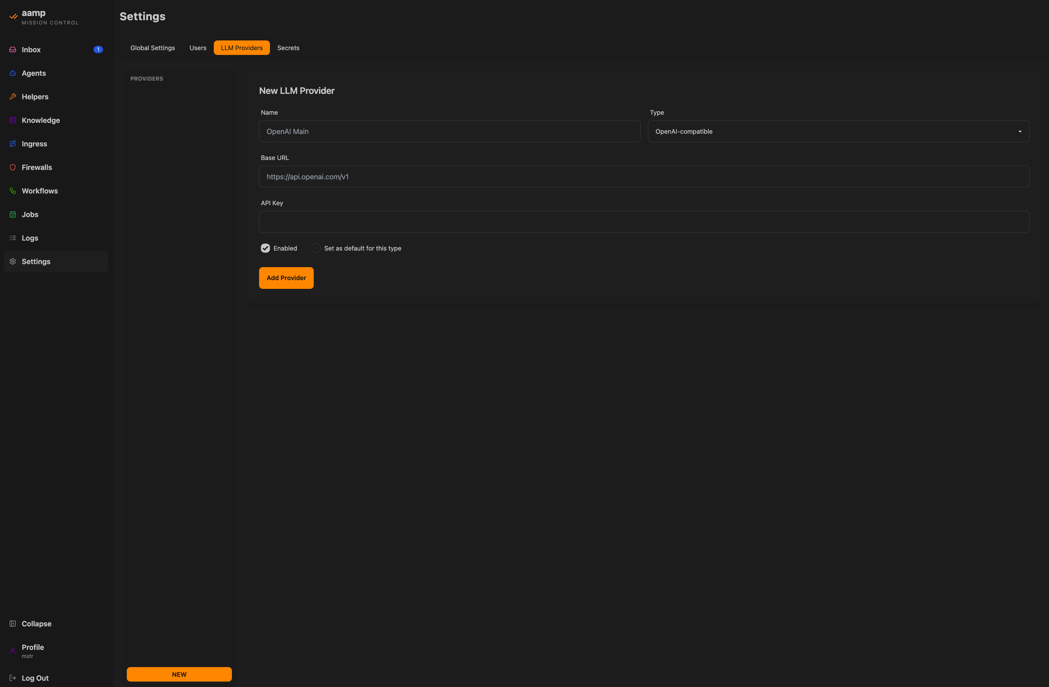 The Settings area with the LLM provider configuration form