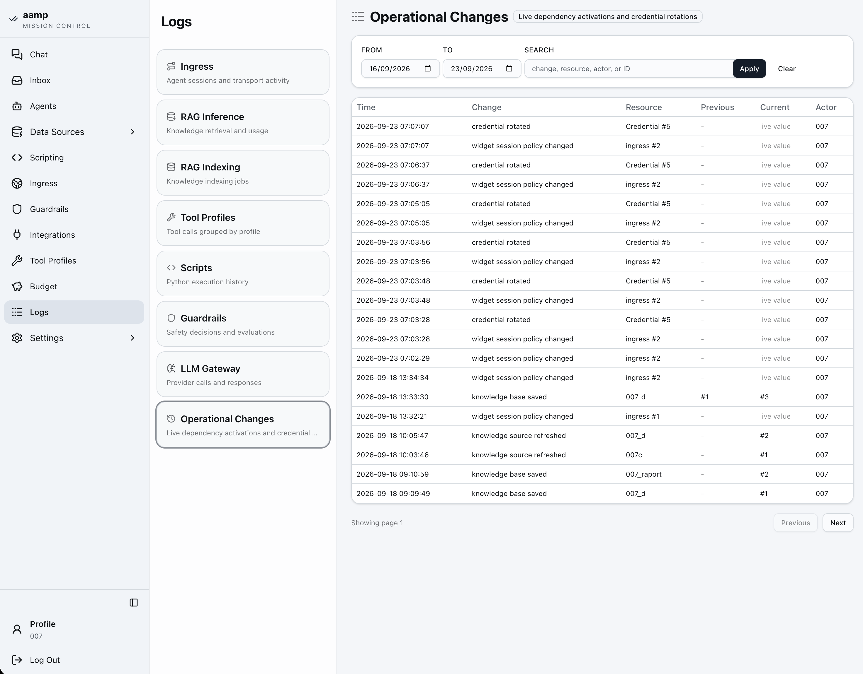 aamp Operational Changes log: credential rotations and policy changes with the author