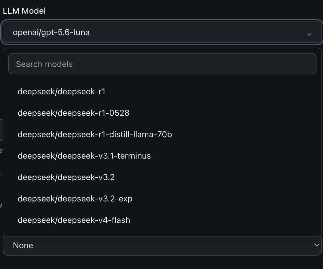 The LLM model picker in aamp listing open-weight DeepSeek models alongside hosted frontier models