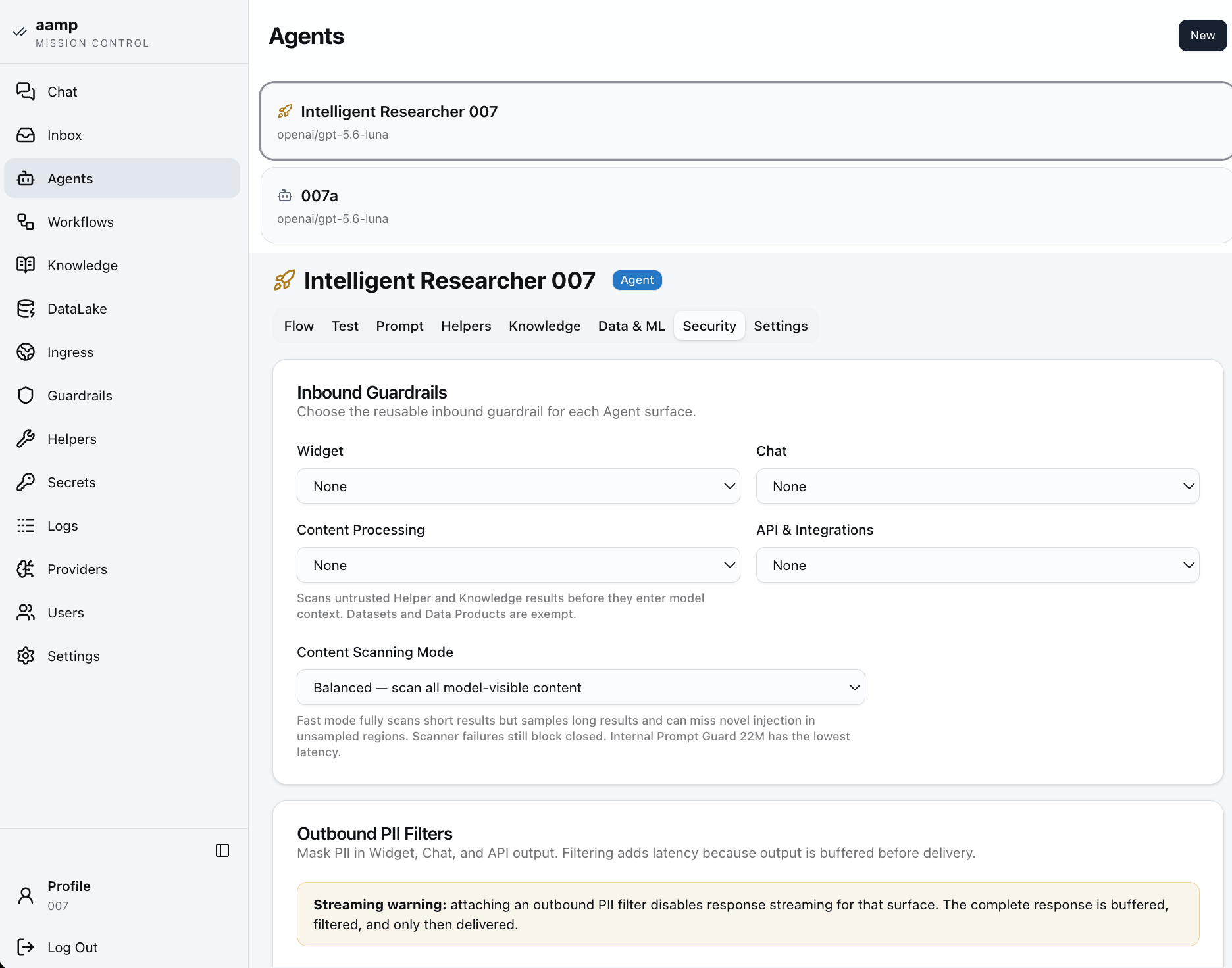 aamp screen: PII filters and agent guardrails