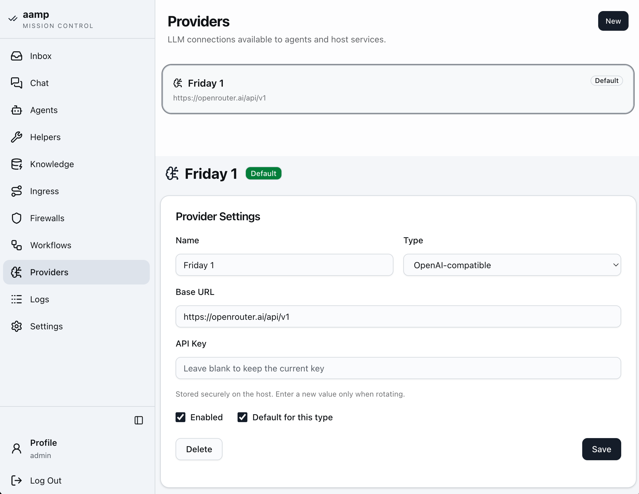 Provider settings in aamp — name, OpenAI-compatible type, base URL and host-stored API key