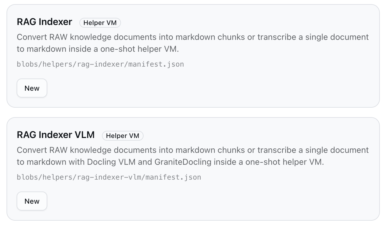 The Helpers catalogue showing RAG Indexer and RAG Indexer VLM helper cards