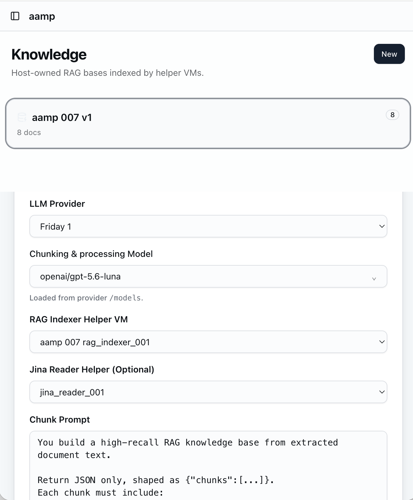 Knowledge base settings showing the LLM Provider and Chunking & processing Model fields