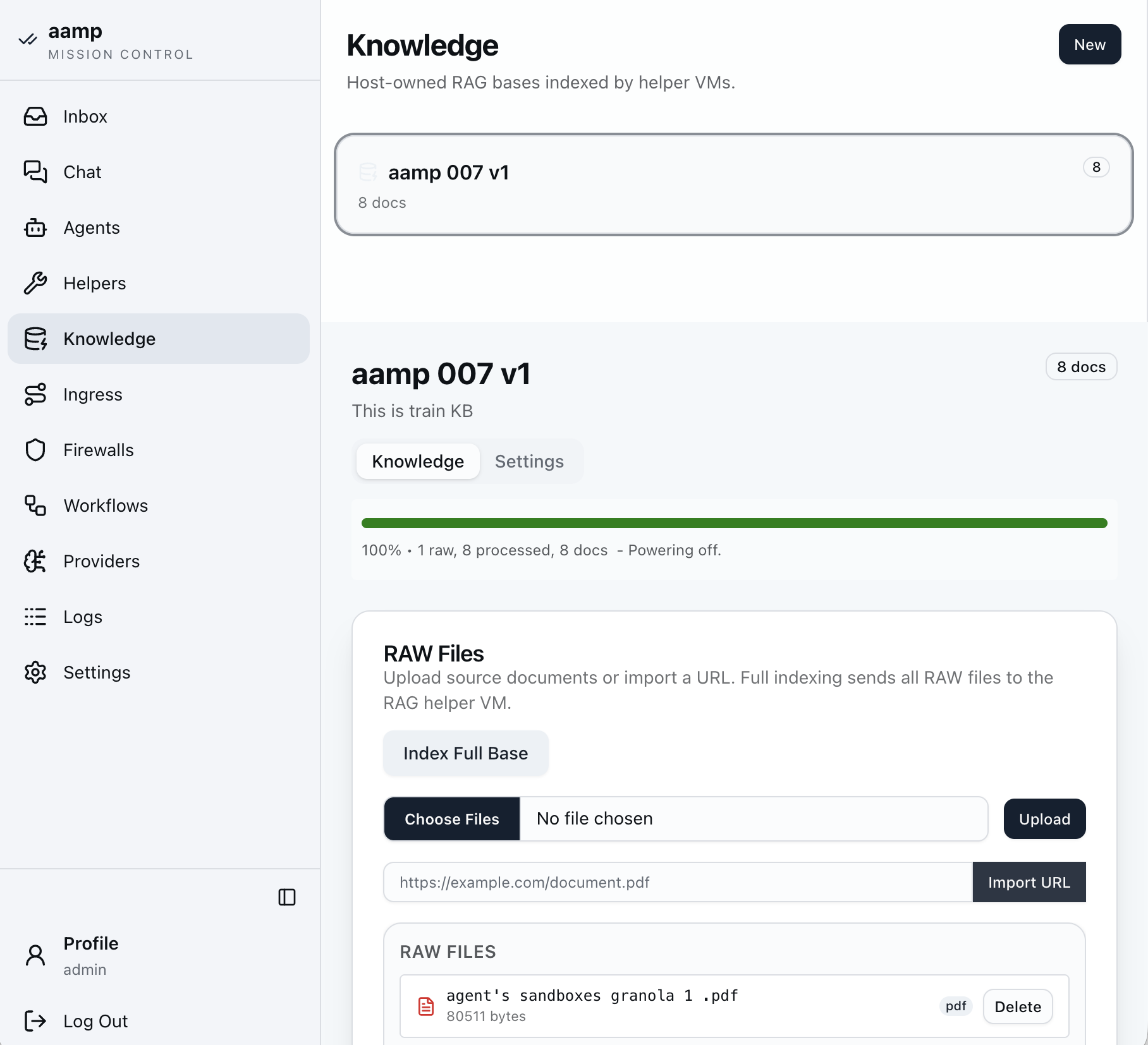 A knowledge base at 100% indexed, with raw files, upload and Index Full Base controls