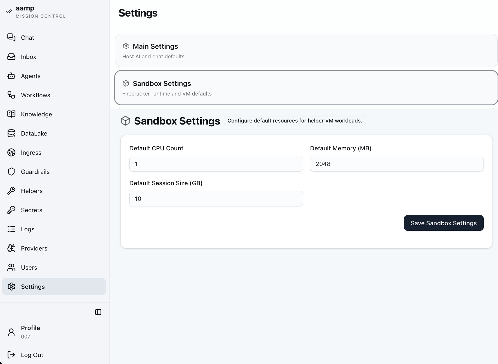 aamp screen: Firecracker sandbox settings