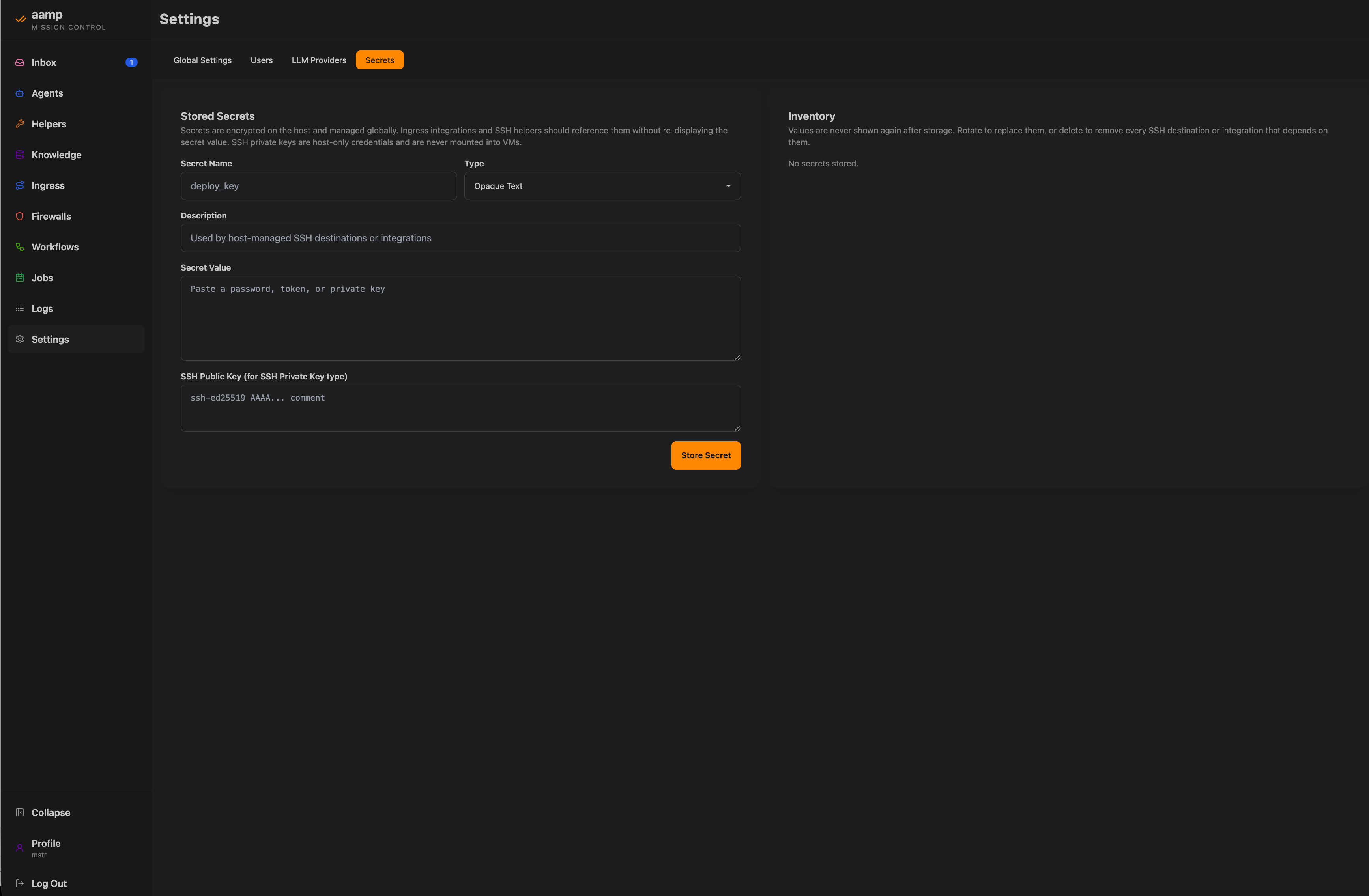 The stored-secrets form in Settings