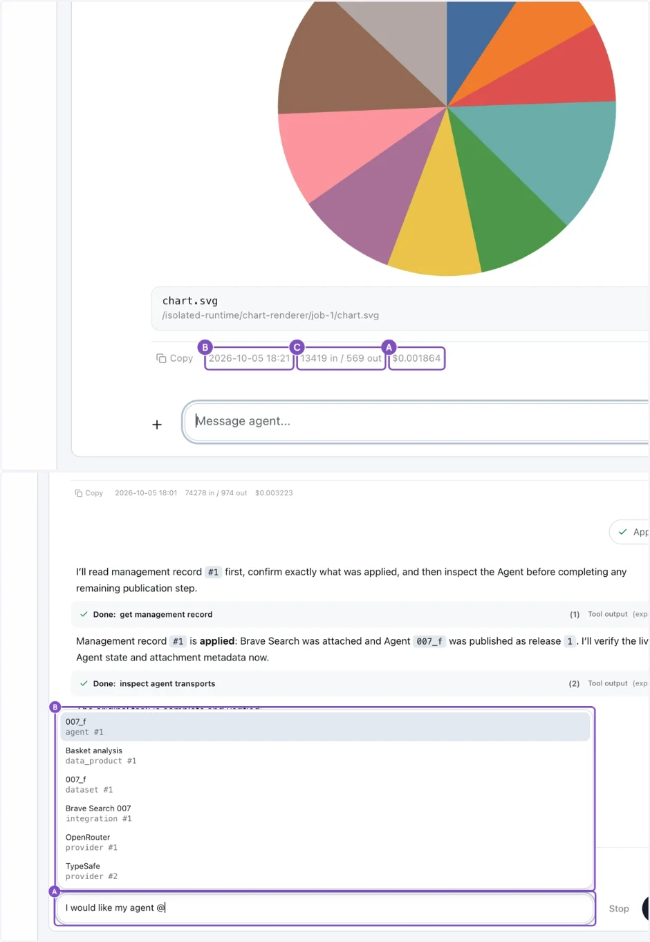 The line under an Agent reply with time, tokens in and out, and cost
