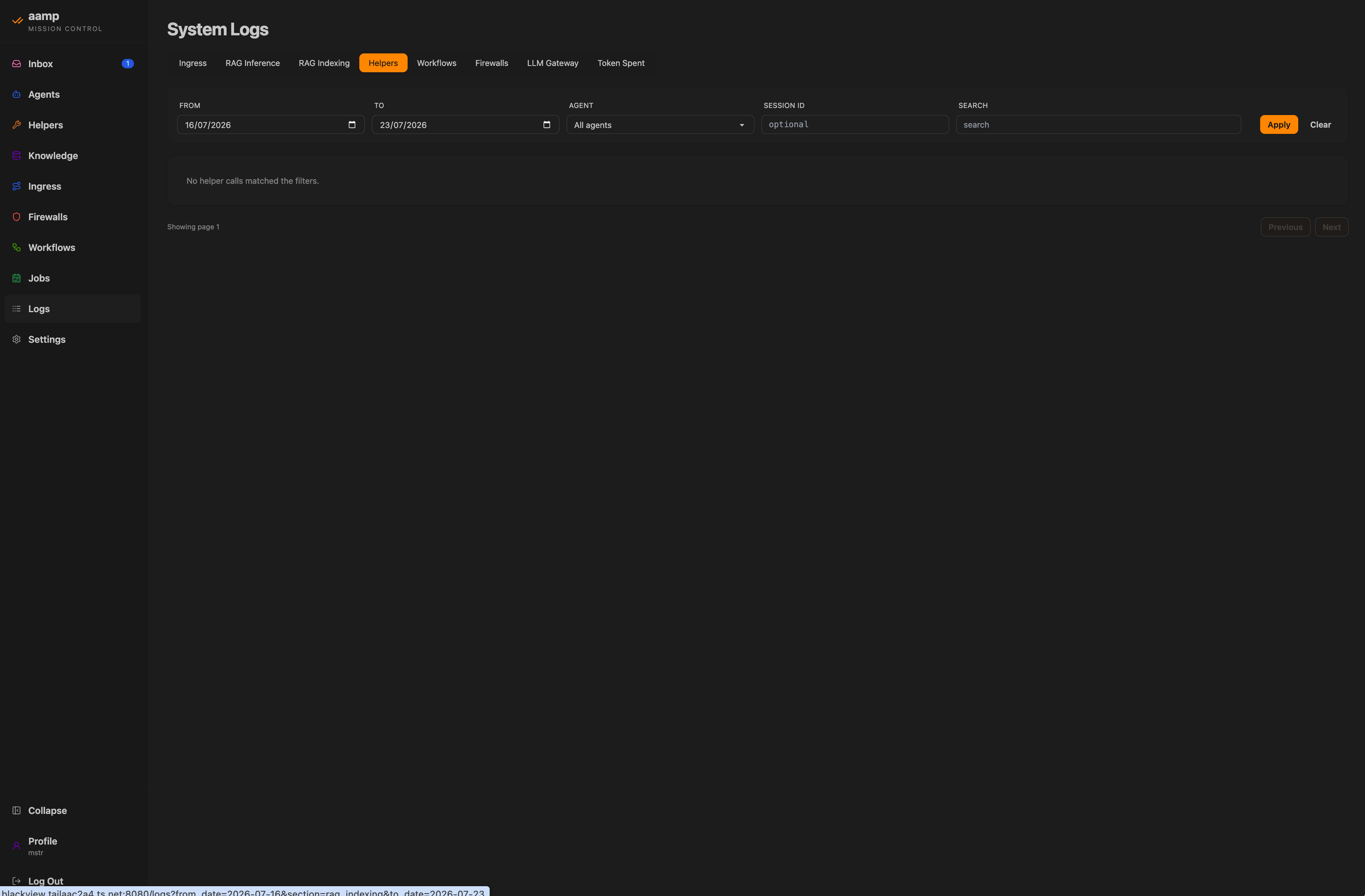 System logs in aamp with per-domain tabs, filters and token spend