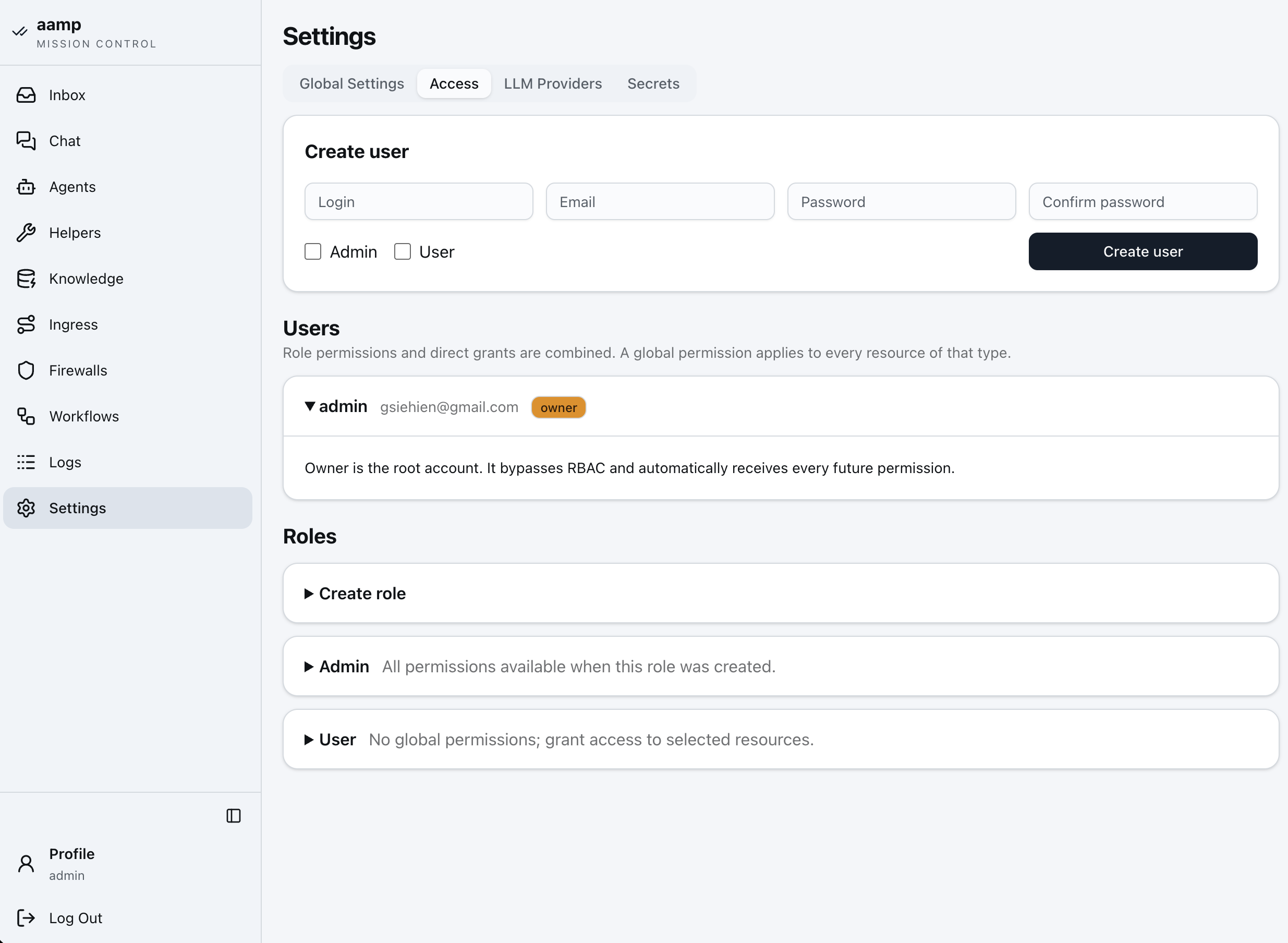 Users and access in aamp — create user, role permissions and direct grants across resources