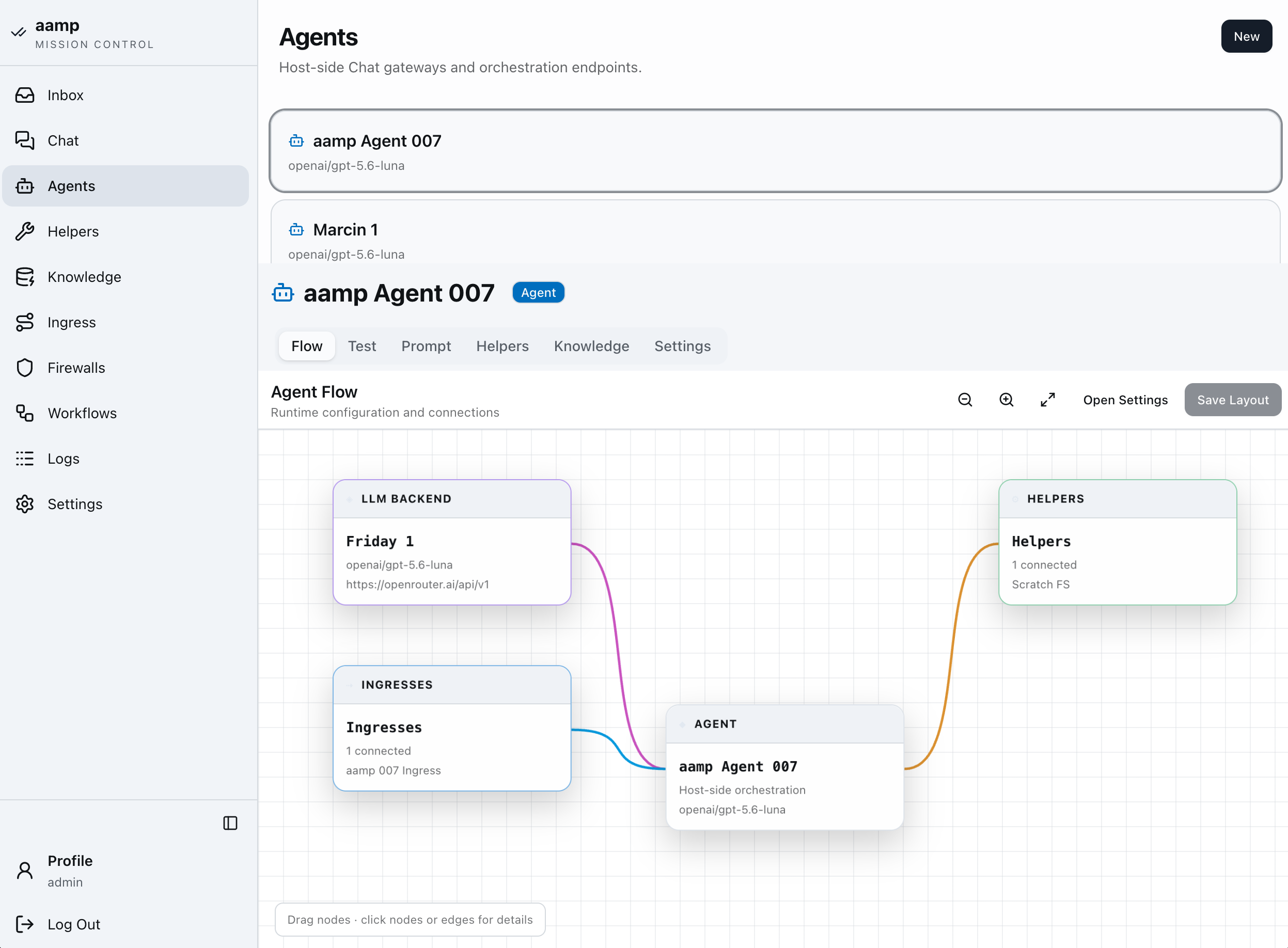 The aamp agent flow canvas showing LLM backend, ingresses, agent and helpers wired together
