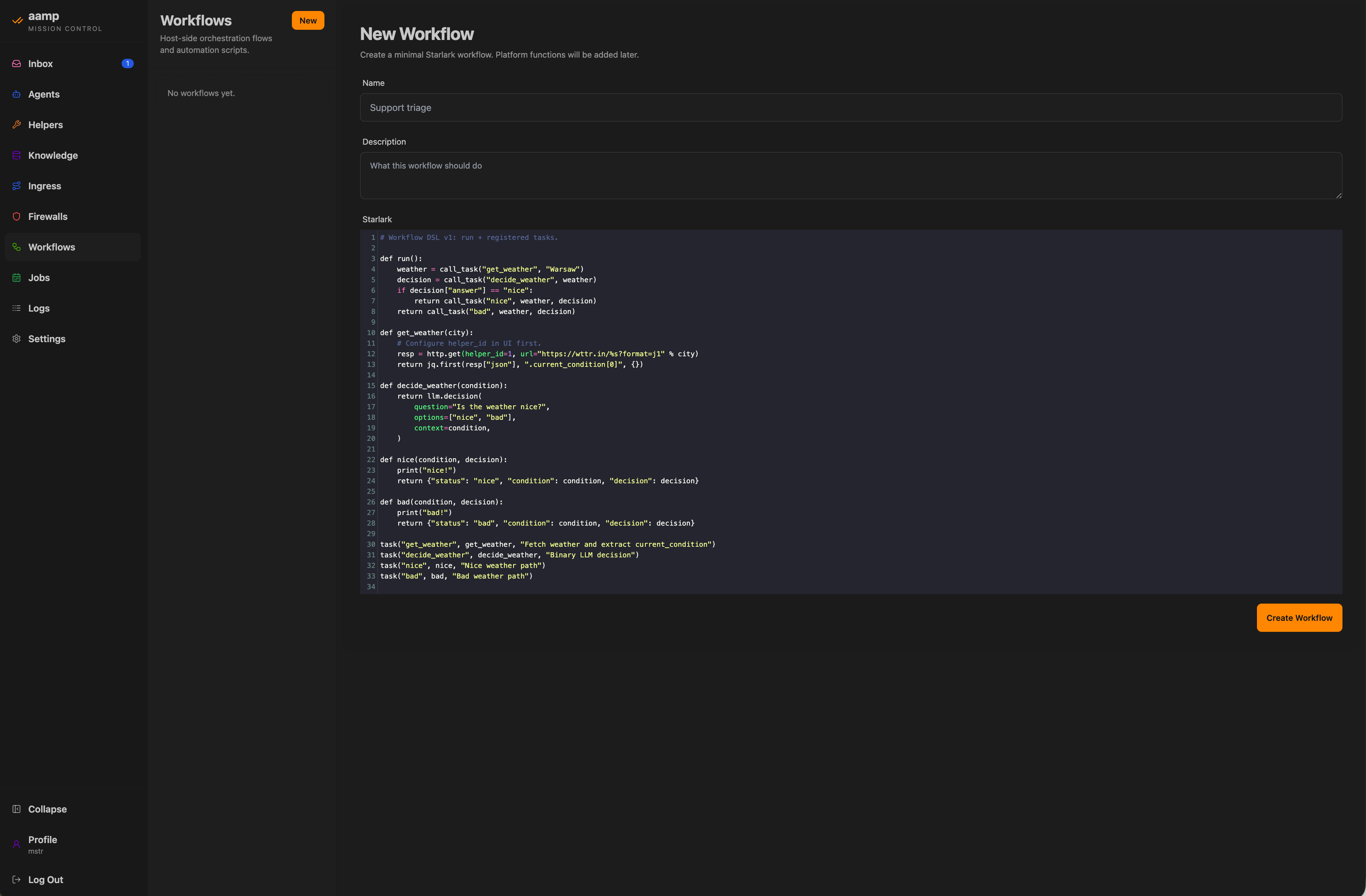 The aamp workflow editor with a Starlark program