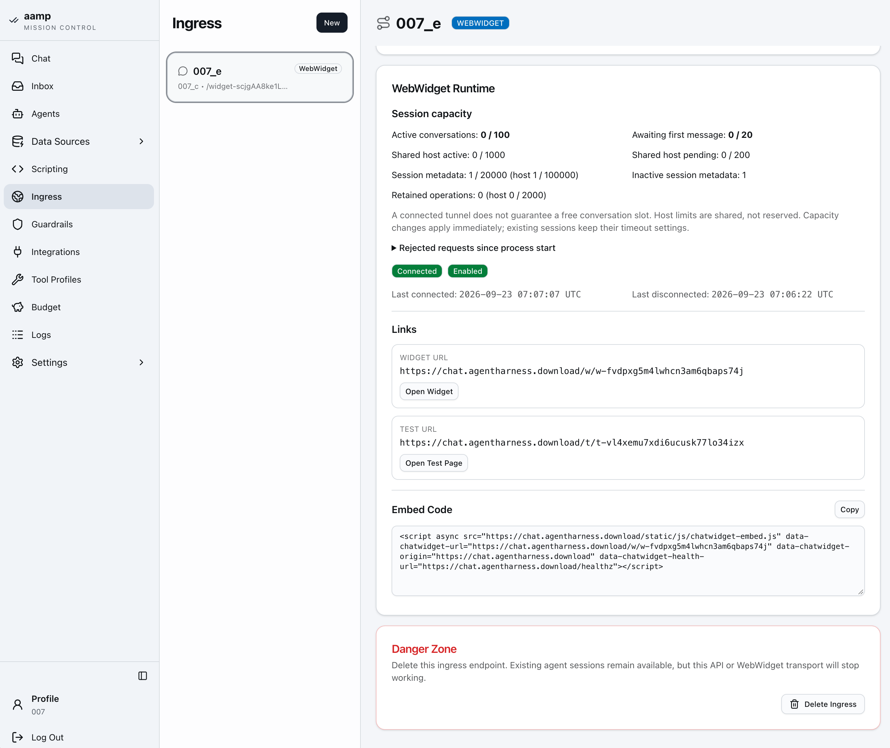 Ustawienia wejścia WebWidget w aamp: limity sesji, adresy widżetu i kod do osadzenia