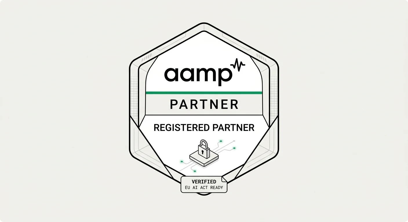 Odznaka aamp Partner: Registered Partner, z kłódką i oznaczeniem Verified, EU AI Act Ready